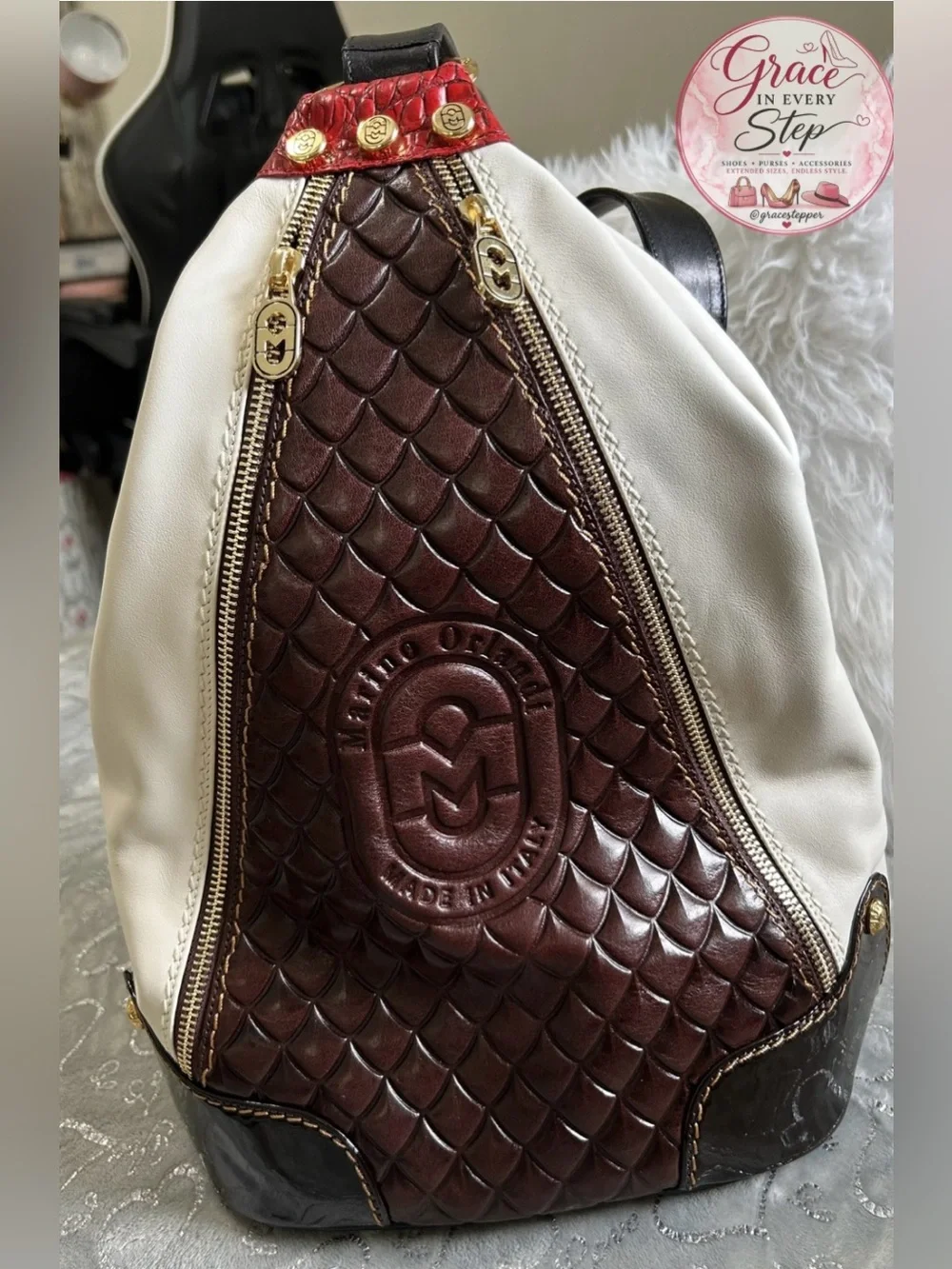 NWT Marino Orlandi Two-Tone White & Brown Leather Backpack with Red Accent